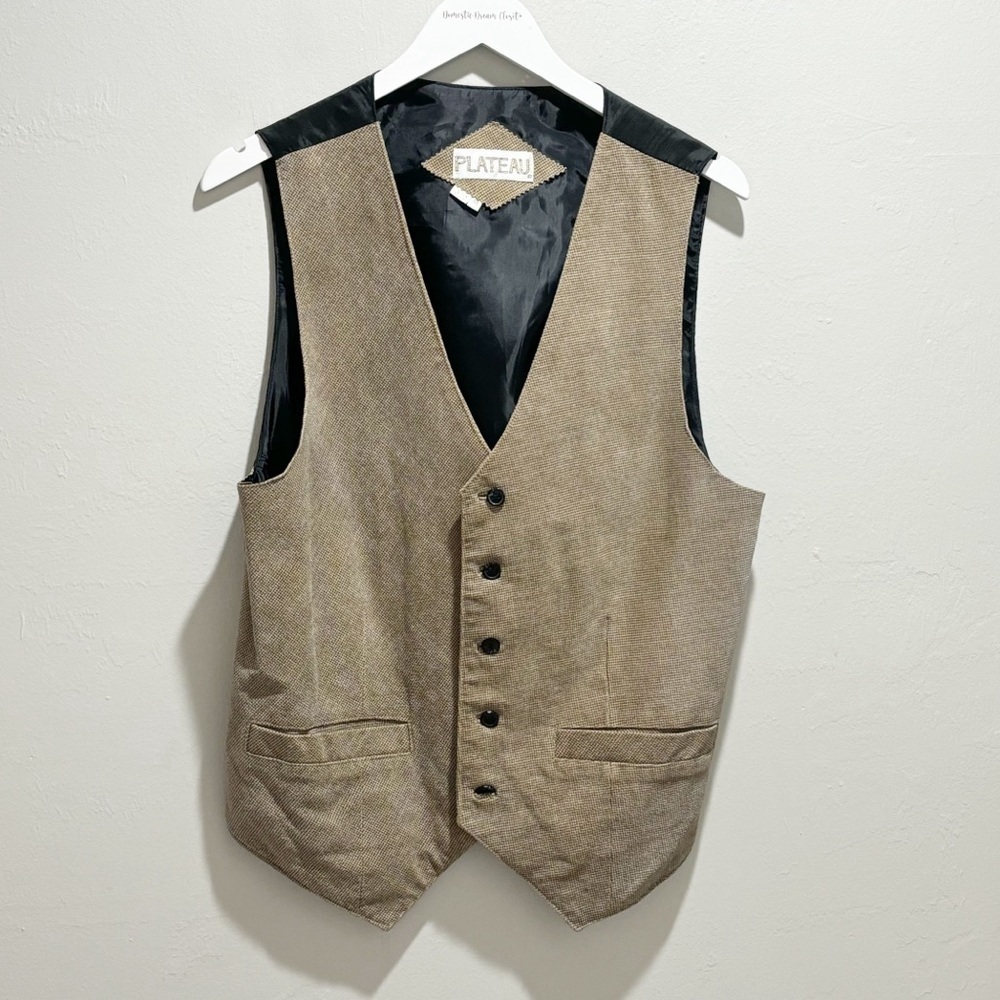 Vintage PLATEAU Men’s Brown Black Houndstooth Print Suede Leather Vest Size M